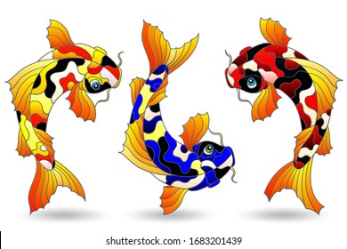 Set of illustrations in stained glass style with koi carp fish, isolated on a white background