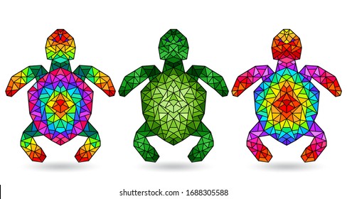 Set of illustrations in a stained glass style with bright turtles, isolated on a white background