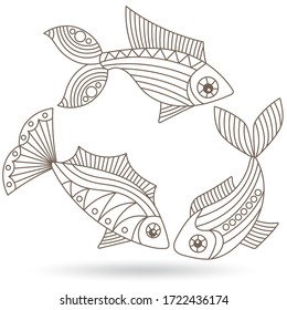 A set of illustrations in a stained glass style with abstract fishes, dark contours isolated on a white background