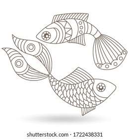A set of illustrations in a stained glass style with abstract fishes, dark contours isolated on a white background
