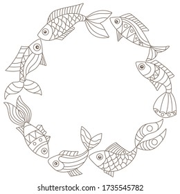 A set of illustrations in a stained glass style with abstract fishes, dark contours isolated on a white background
