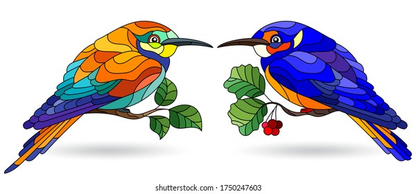 Set of illustrations in stained glass style with bright birds, animals on branches isolated on a white background