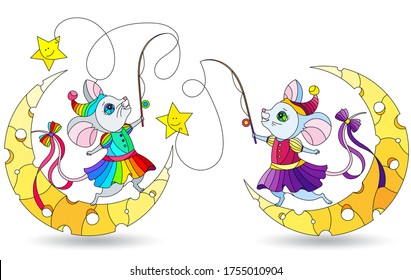 Set of illustrations in stained glass style with cute cartoon mice on the moon, isolated figures on a white background