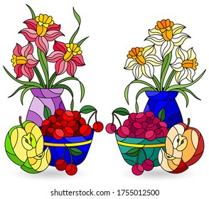 Set of illustrations in stained glass style with still lifes, fruits and flowers isolated on a white background