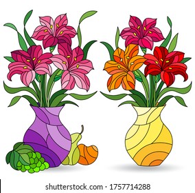 Set of illustrations in stained glass style with floral still lifes, Lily flowers in vases isolated on a white background