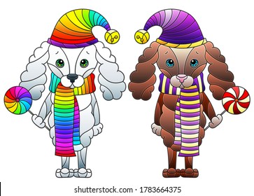Set of illustrations in stained glass style with funny cartoon dogs, animals isolated on a white background