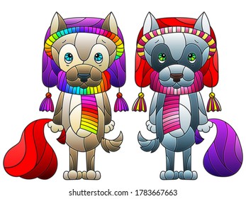 Conjunto de ilustraciones en el estilo de vidrios manchados con perros de dibujos animados divertidos, animales aislados en un fondo blanco