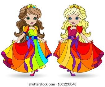 Set of illustrations in stained glass style with Princess girls in bright dresses, isolated on a white background