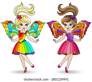 Set of illustrations in stained glass style with winged fairy girls in bright dresses, isolated on a white background