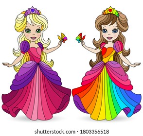 Set of illustrations in stained glass style with Princess girls in bright dresses, isolated on a white background