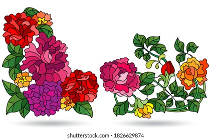 Set of illustrations in stained glass style with floral elements, roses isolated on a white background