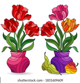 Set of illustrations in stained glass style with floral still lifes, Tulips flowers in vases isolated on a white background