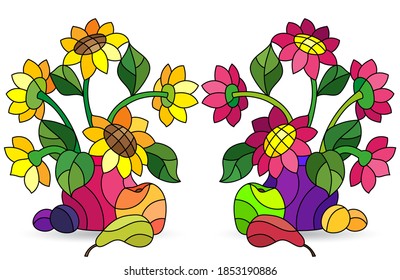 Set of illustrations in stained glass style with floral still lifes, flowers in a vase and fruit, isolated on a white background