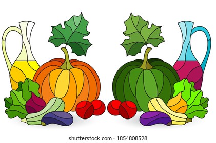 Set of illustrations in stained glass style with still lifes, compositions with wine and vegetables isolated on a white background