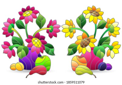 Set of illustrations in stained glass style with floral still lifes, flowers in a vase and fruit, isolated on a white background