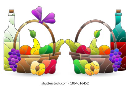 Set of illustrations in stained glass style with still lifes, compositions with wine and fruit isolated on a white background