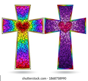 Set of illustrations in stained glass style with bright Christian crosses, isolated on a white background