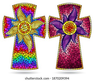 Set of illustrations in stained glass style with bright Christian crosses, isolated on a white background