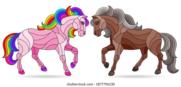 Set of illustrations in stained glass style with horses isolated on a white background