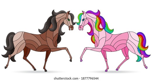 Set of illustrations in stained glass style with horses isolated on a white background