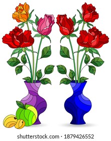 Set of illustrations in stained glass style with bouquets of peony flowers in vases and fruits, isolated on a white background