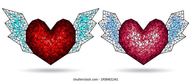 Conjunto de ilustraciones en vidrio manchado con corazones alados abstractos, aislados en un fondo blanco