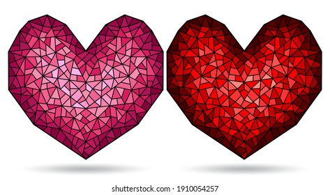 Set of illustrations in stained glass style with abstract  hearts, isolated on a white background