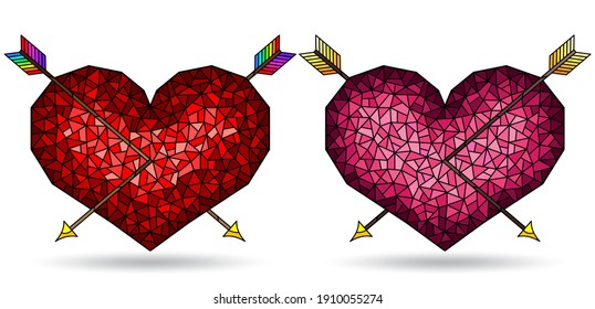 Set of illustrations in stained glass style with abstract hearts and arrows, isolated on a white background