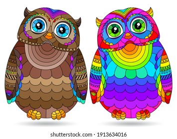 Conjunto de ilustraciones en vidrio manchado con lechuzas abstractas, animales aislados en un fondo blanco