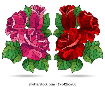 A set of illustrations in a stained glass style with bright rose flowers, isolated on a white background