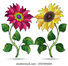 Set of illustrations in a stained glass style with bright flowers, flowers isolated on a white background