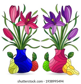 Set of illustrations in the stained glass style with floral still lifes and fruits, compositions isolated on a white background