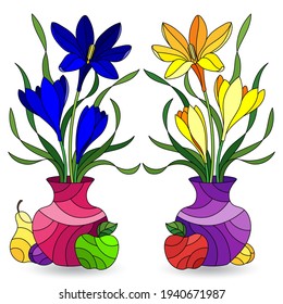 Set of illustrations in the stained glass style with floral still lifes and fruits, compositions isolated on a white background