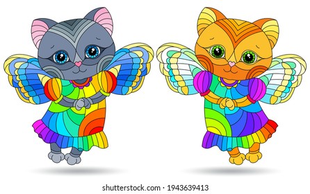 Set of illustrations in stained glass style with kittens fairies, animals isolated on a white background