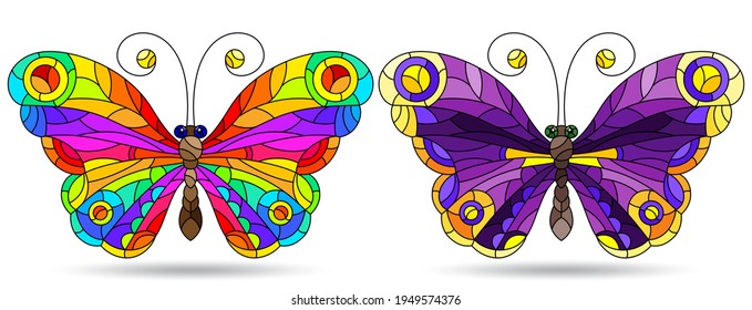 A set of illustrations in a stained glass style with bright butterflies, insects isolated on a white background