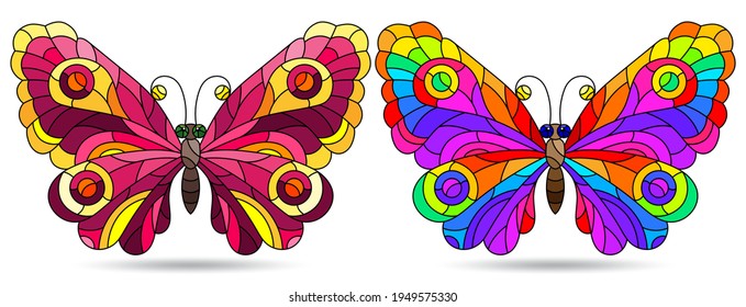 A set of illustrations in a stained glass style with bright butterflies, insects isolated on a white background