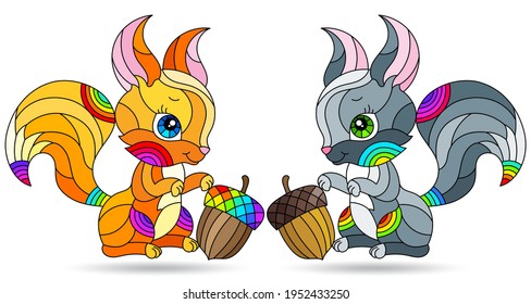 Set of illustrations in a stained glass style with cute cartoon squirrels, animals isolated on a white background
