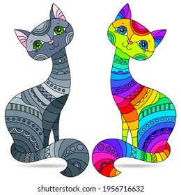 Set of illustrations in stained glass style with bright cats, animals isolated on a white background
