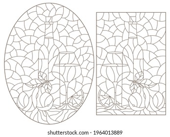 Set of illustrations in the stained glass style with still lifes, wine bottles, glasses and fruits, dark outlines on a white background