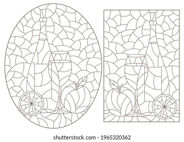 Set of illustrations in the stained glass style with still lifes, wine bottles, glasses and fruits, dark outlines on a white background