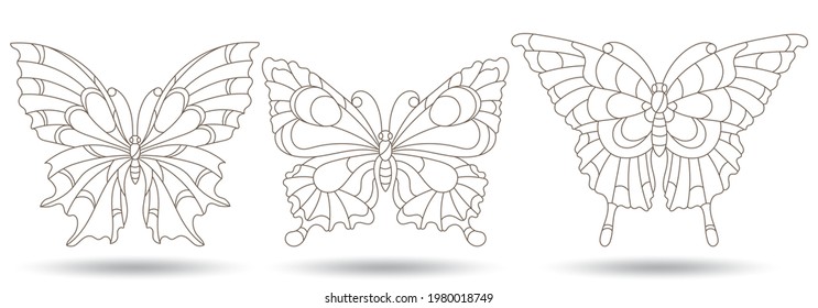 A set of illustrations in a stained glass style with contour butterflies,outline insects isolated on a white background