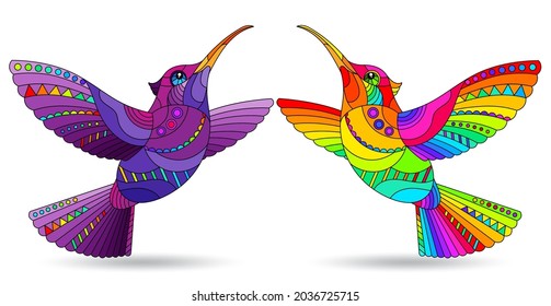 A set of illustrations in a stained glass style with bright Hummingbird birds isolated on a white background