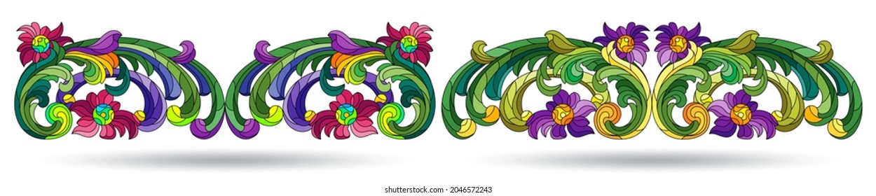 A set of illustrations in a stained glass style with abstract botanical elements, isolated on a white background