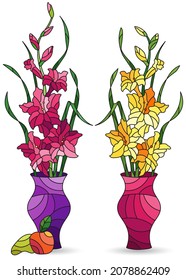 Set of illustrations in stained glass style with bouquets of gladioli flowers in vases and fruits, isolated on a white background