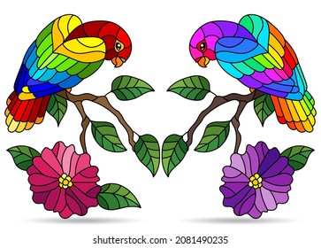 A set of illustrations in a stained glass style with cute birds and flowers, birds isolated on a white background