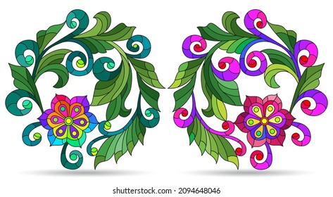 Set of illustrations in stained glass style with flower wreaths, flower frames isolated on a white background