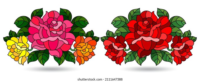 A set of illustrations in a stained glass style with bright rose flowers, isolated on a white background