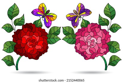 A set of illustrations in a stained glass style with bright rose flowers, isolated on a white background