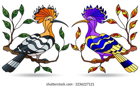 Ensemble d'illustrations en vitrail avec des oiseaux pitrés, des animaux sur des branches isolés sur fond blanc