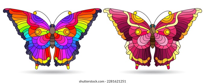 A set of illustrations in a stained glass style with bright butterflies, insects isolated on a white background